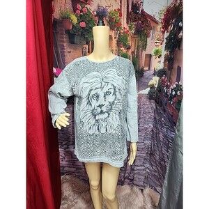 Scribbles Black, Silver, and Gray Cotton Lion Head Knit Top  Sz  L